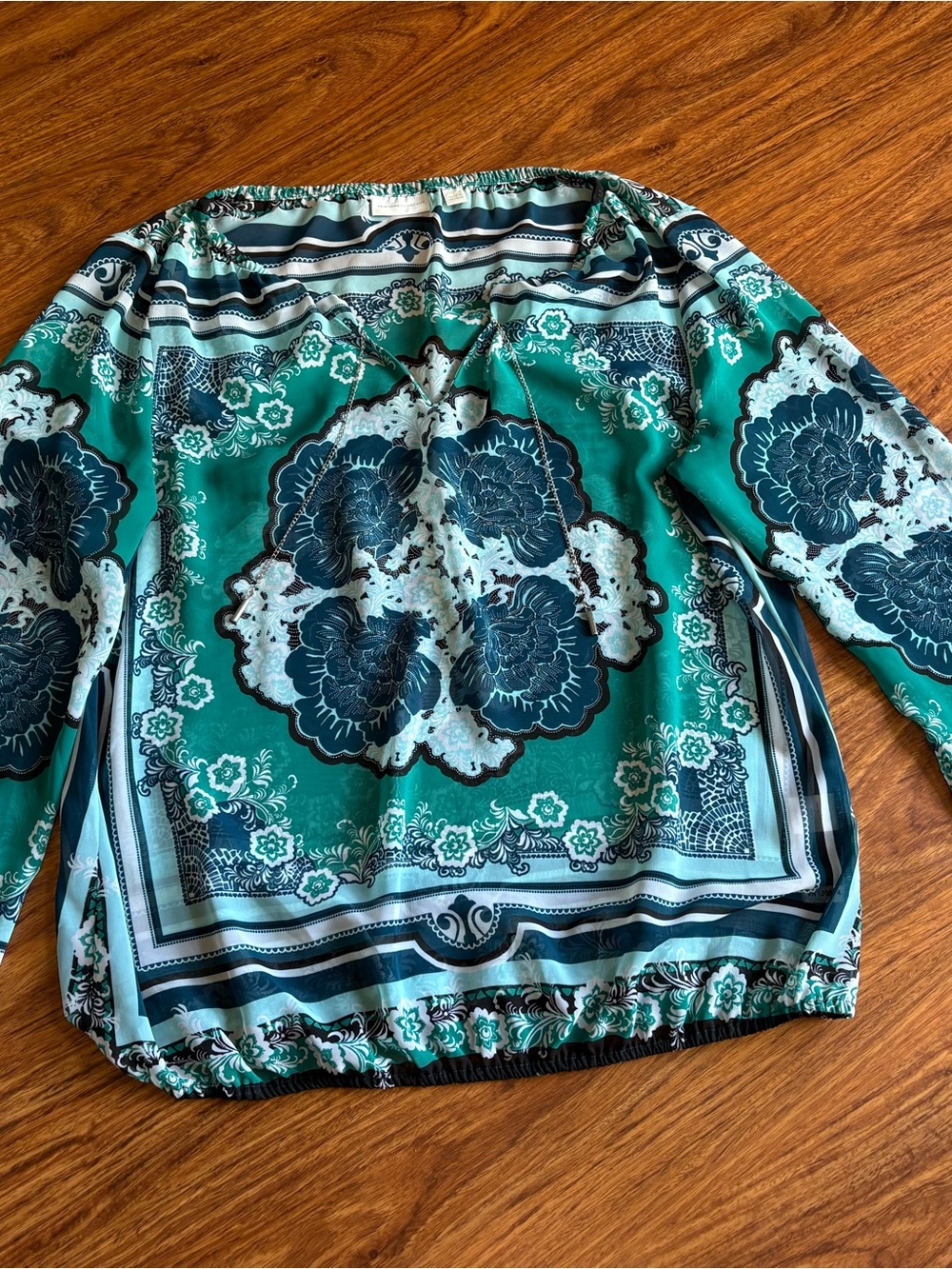 New York & Company Teal and Blue Floral Off-Shoulder Blouse With Metal Tie Front